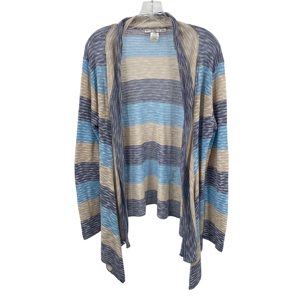 Two One Two New York Open Front Cardigan Blue Beige Striped Lightweight Knit L